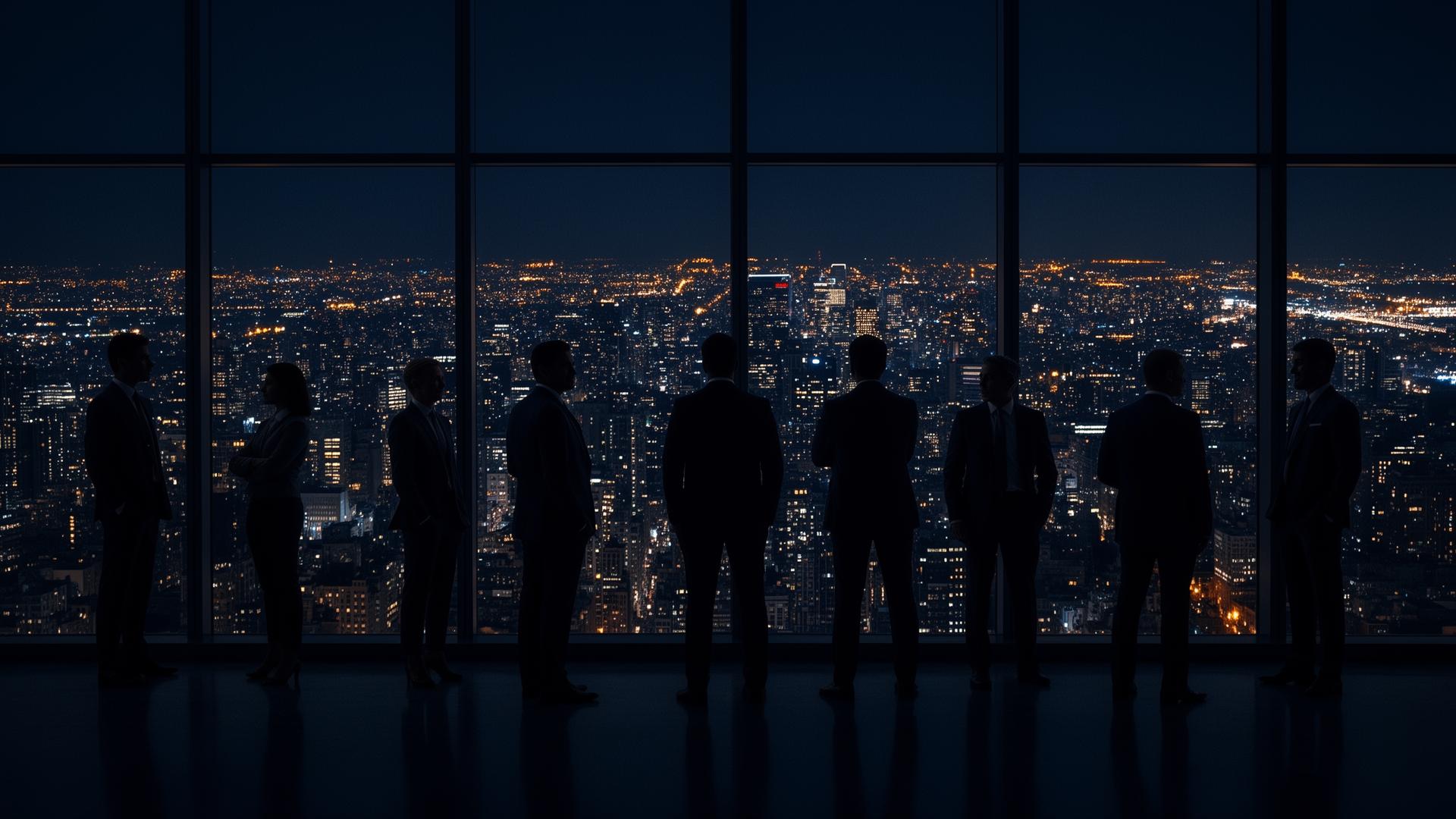 Global executives overlooking a city skyline